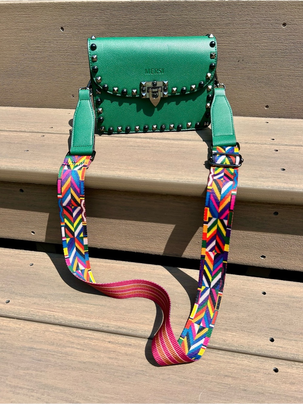 Green Studded Leather Crossbody Bag with Colorful Strap